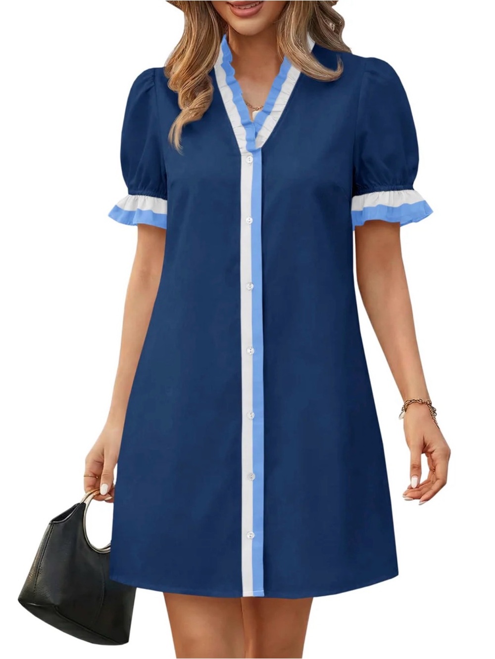 Wenrine Blue Puffer Sleeve Cotton Button Summer Dress S Small New